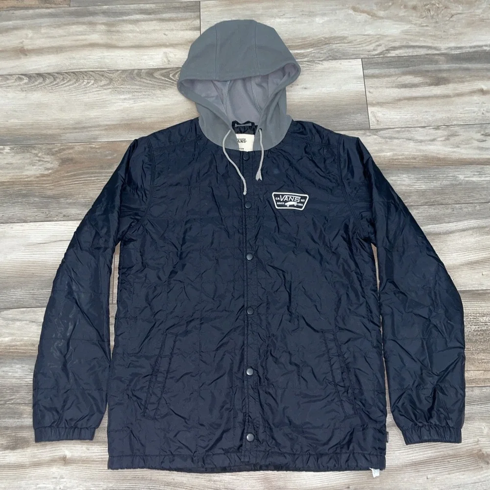 Vans Jacket Mens Medium Black Hooded Nylon Snap Windbreaker Quilted